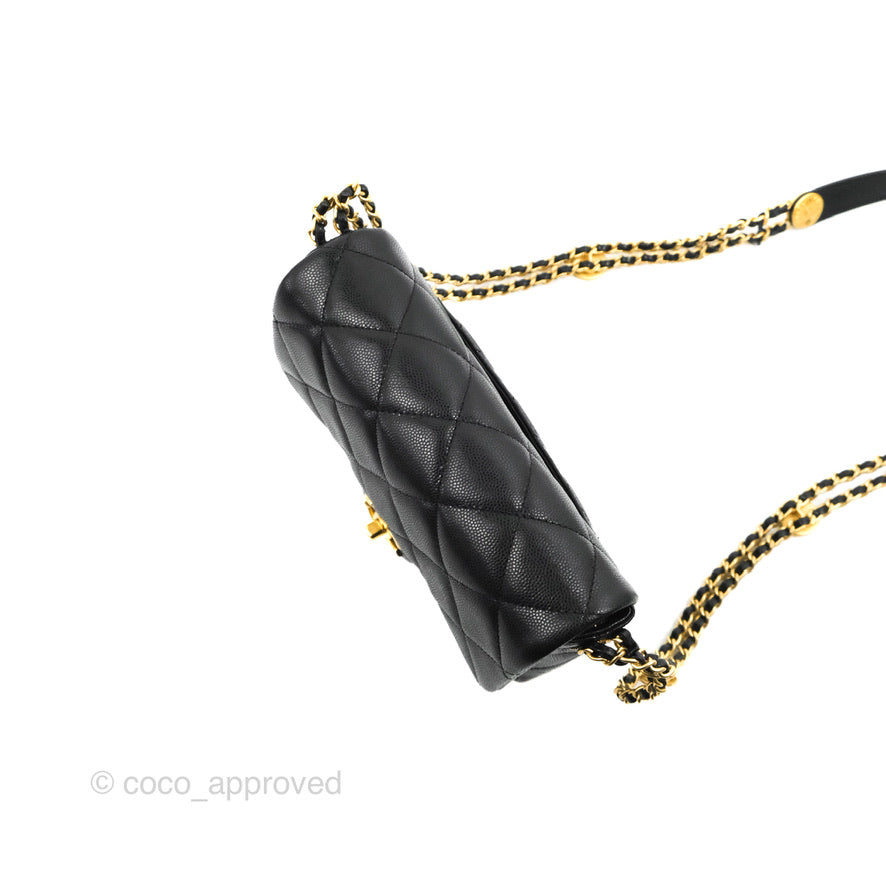 Chanel Small Flap with Coin Charm Black Caviar Aged Gold Hardware 22A