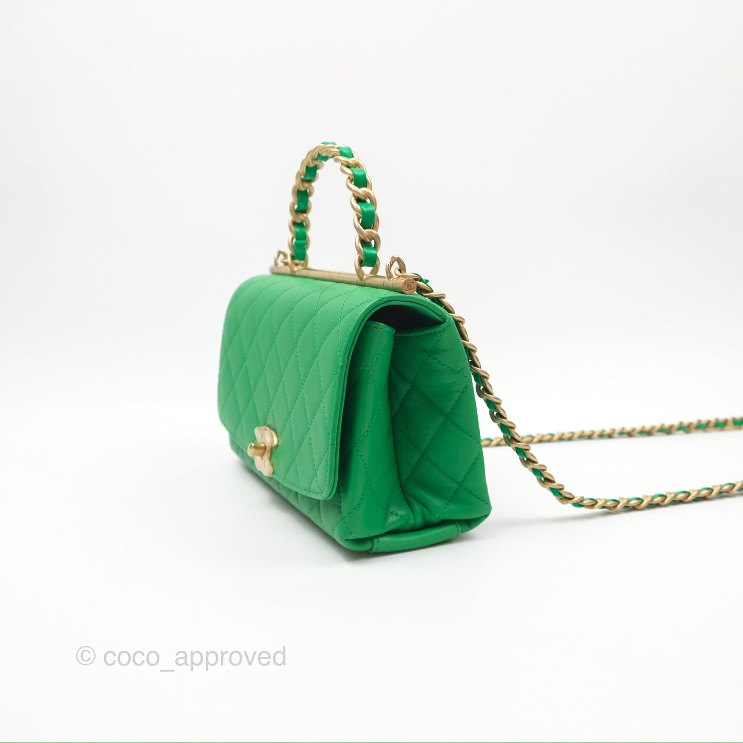 Chanel CC Quilted Flap Bag With Top Handle Green Calfskin Gold Hardware