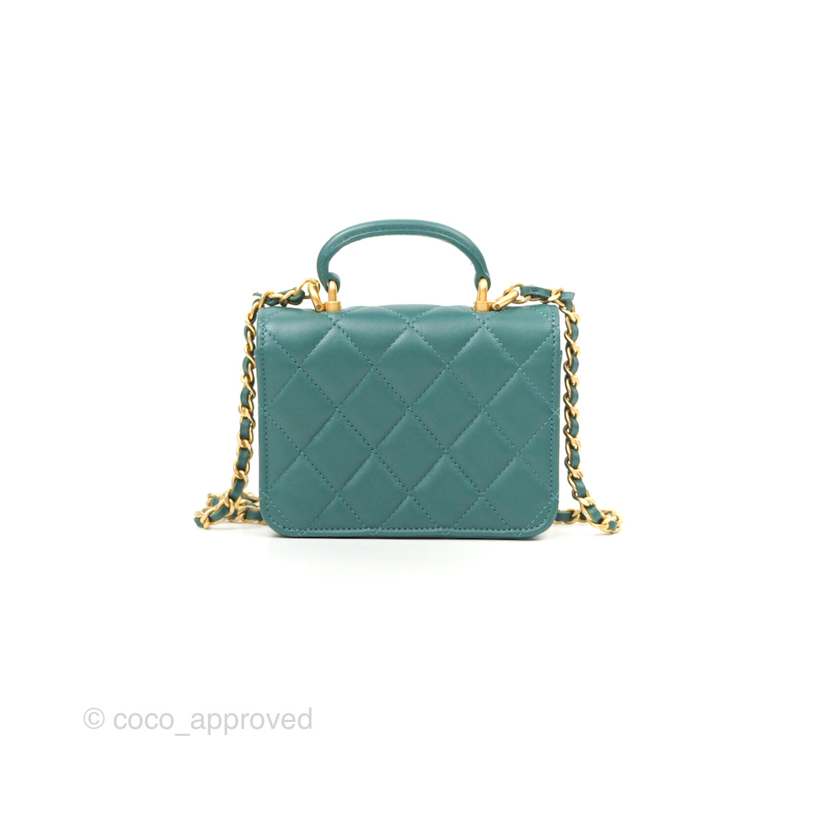 Chanel Mini Handle Flap Coin Purse With Chain Teal Green Lambskin Aged Gold Hardware