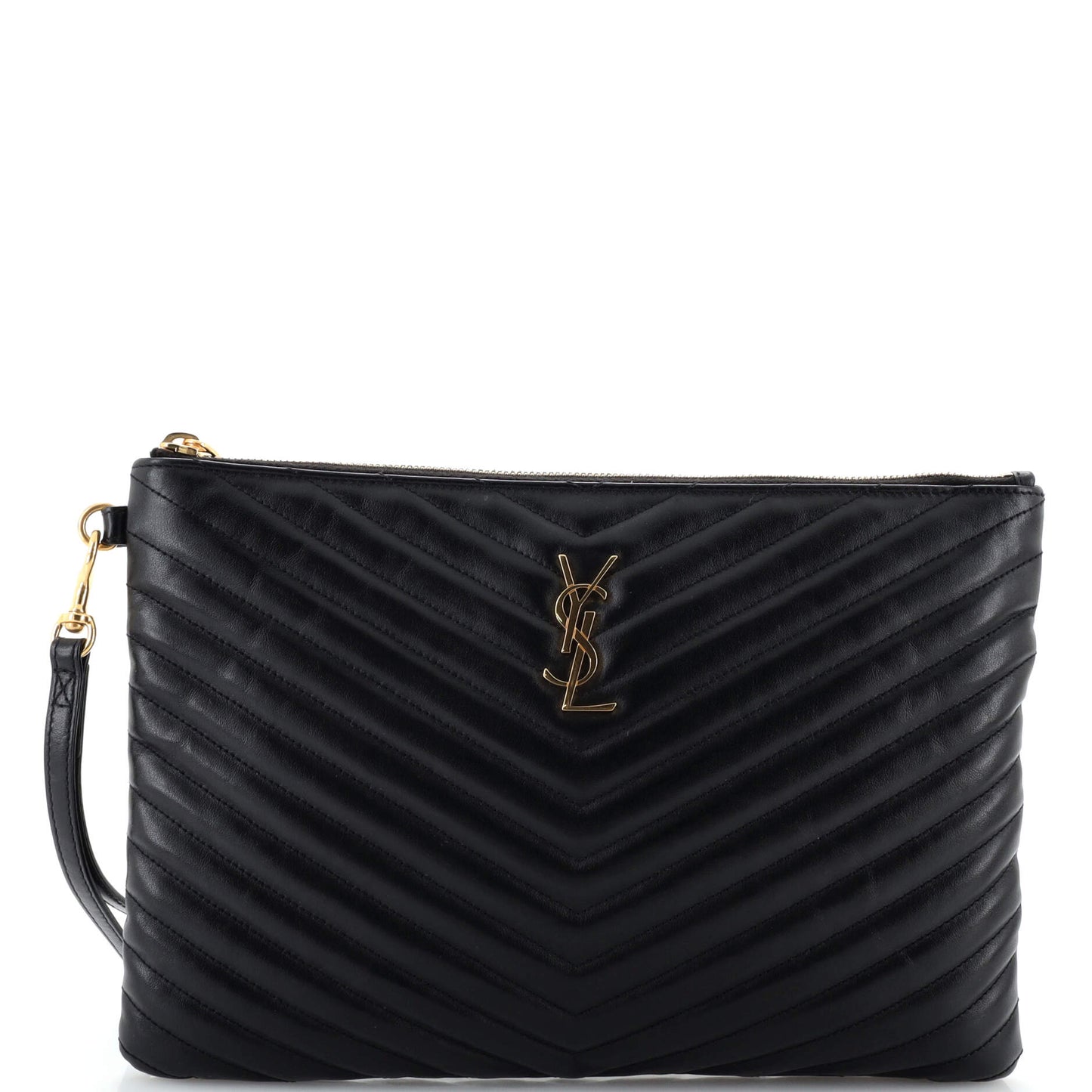 Luxury Saint Laurent Classic Monogram Wristlet Pouch Matelasse Chevron Leather Medium