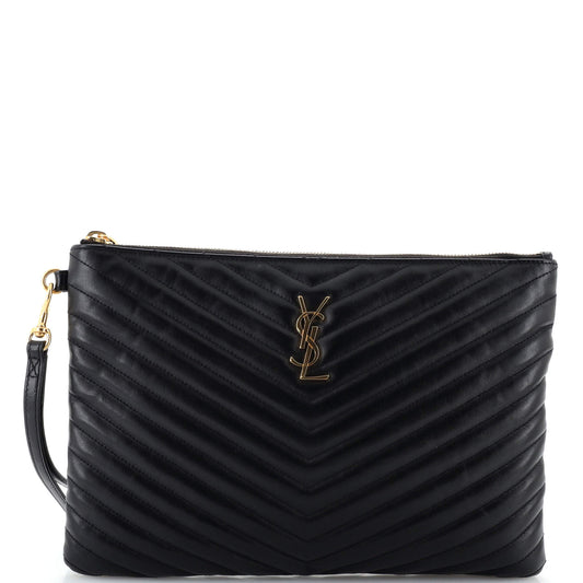 Luxury Saint Laurent Classic Monogram Wristlet Pouch Matelasse Chevron Leather Medium