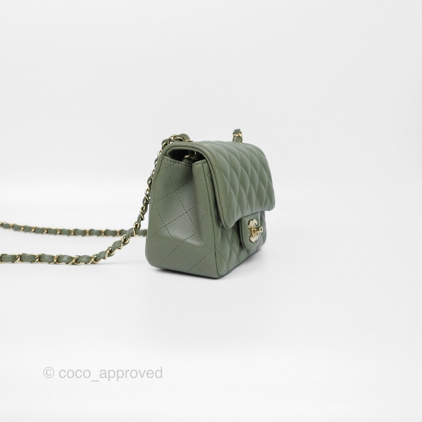 Chanel Mini Square Flap Quilted Olive Green Lambskin Gold Hardware