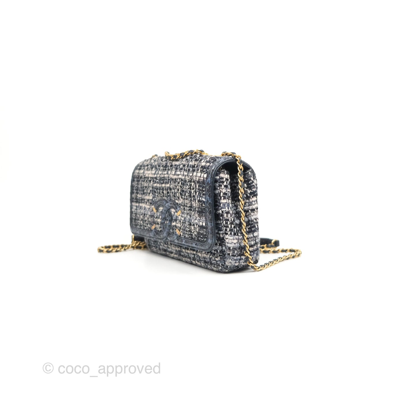 Chanel Quilted Small CC Filigree Flap Navy Tweed Python 18S
