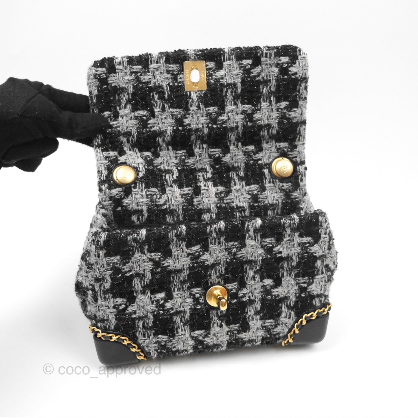 Chanel Mini Flag Bag Black & Grey Tweed Aged Gold Hardware