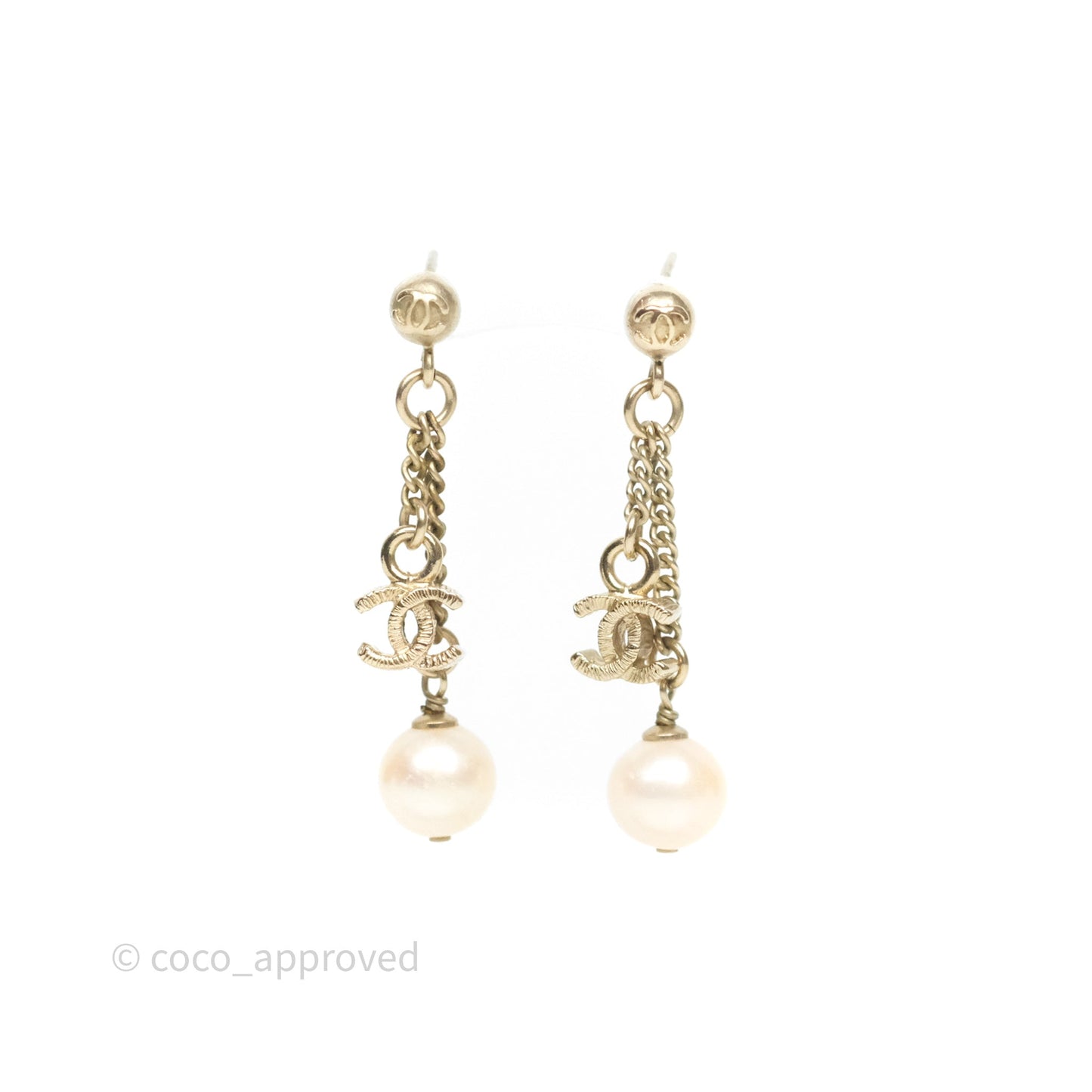 Chanel CC Pearl Drop Earrings Gold Tone