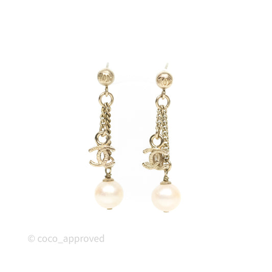 Chanel CC Pearl Drop Earrings Gold Tone