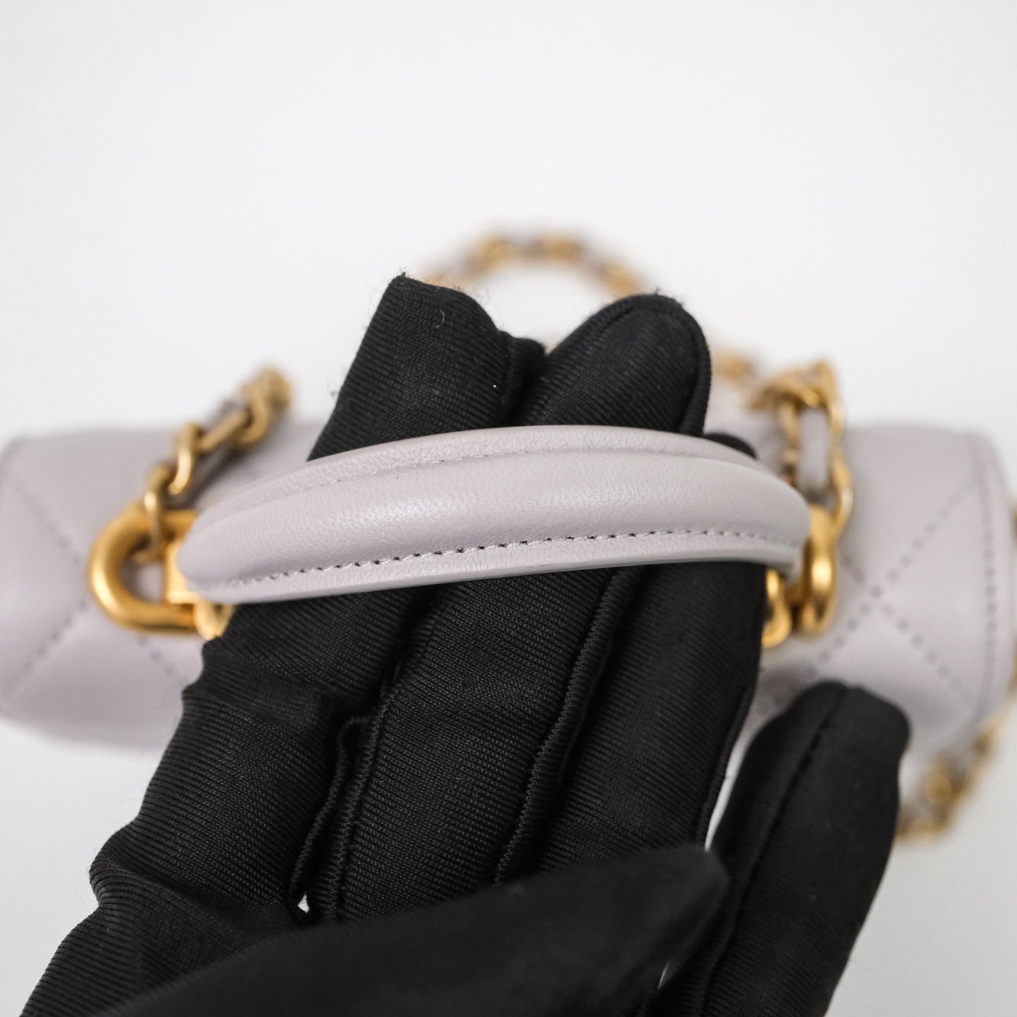 Chanel Mini Handle Flap Coin Purse With Chain Grey Lambskin Aged Gold Hardware
