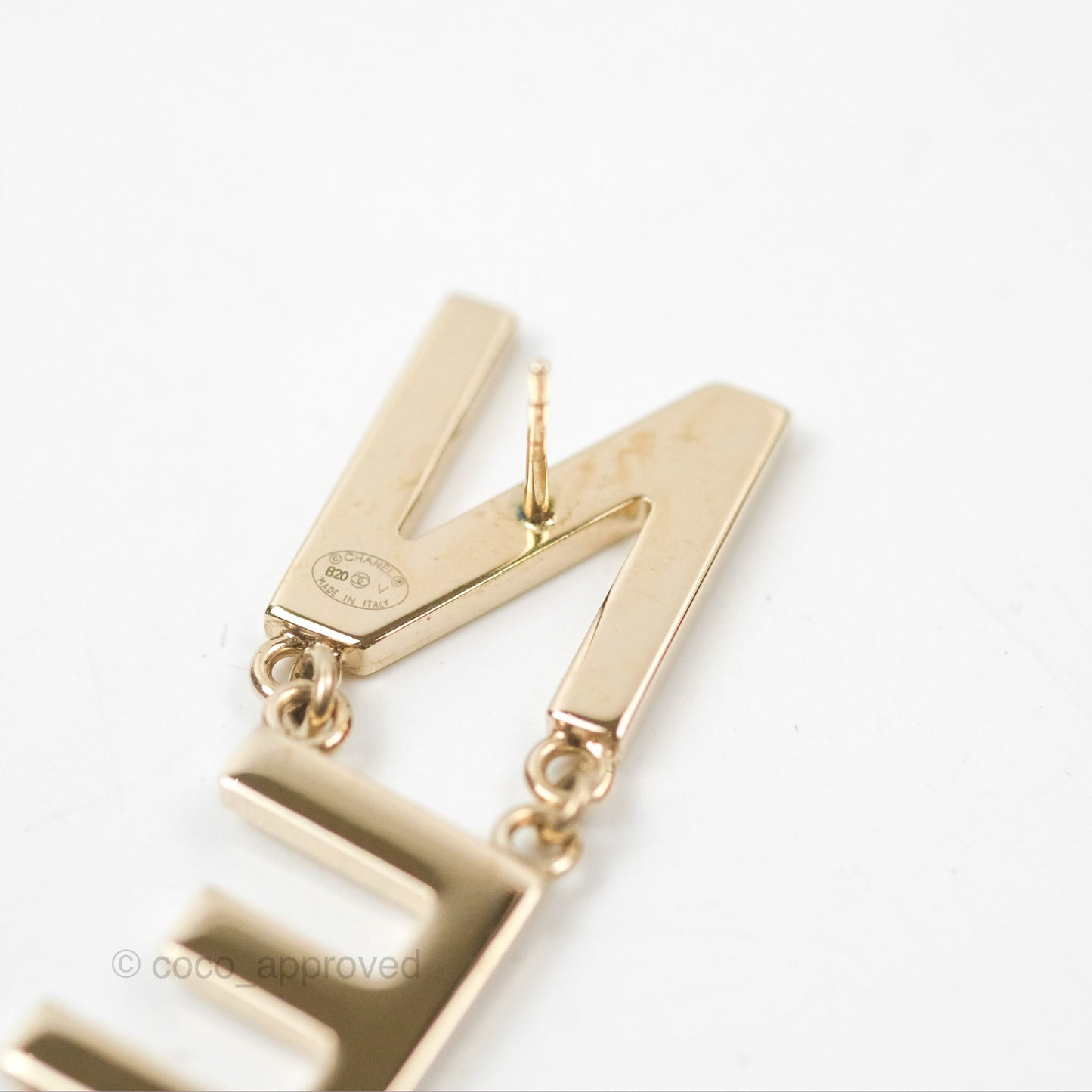 Chanel Letter Cha-Nel Logo Drop Earrings Gold Tone 20V