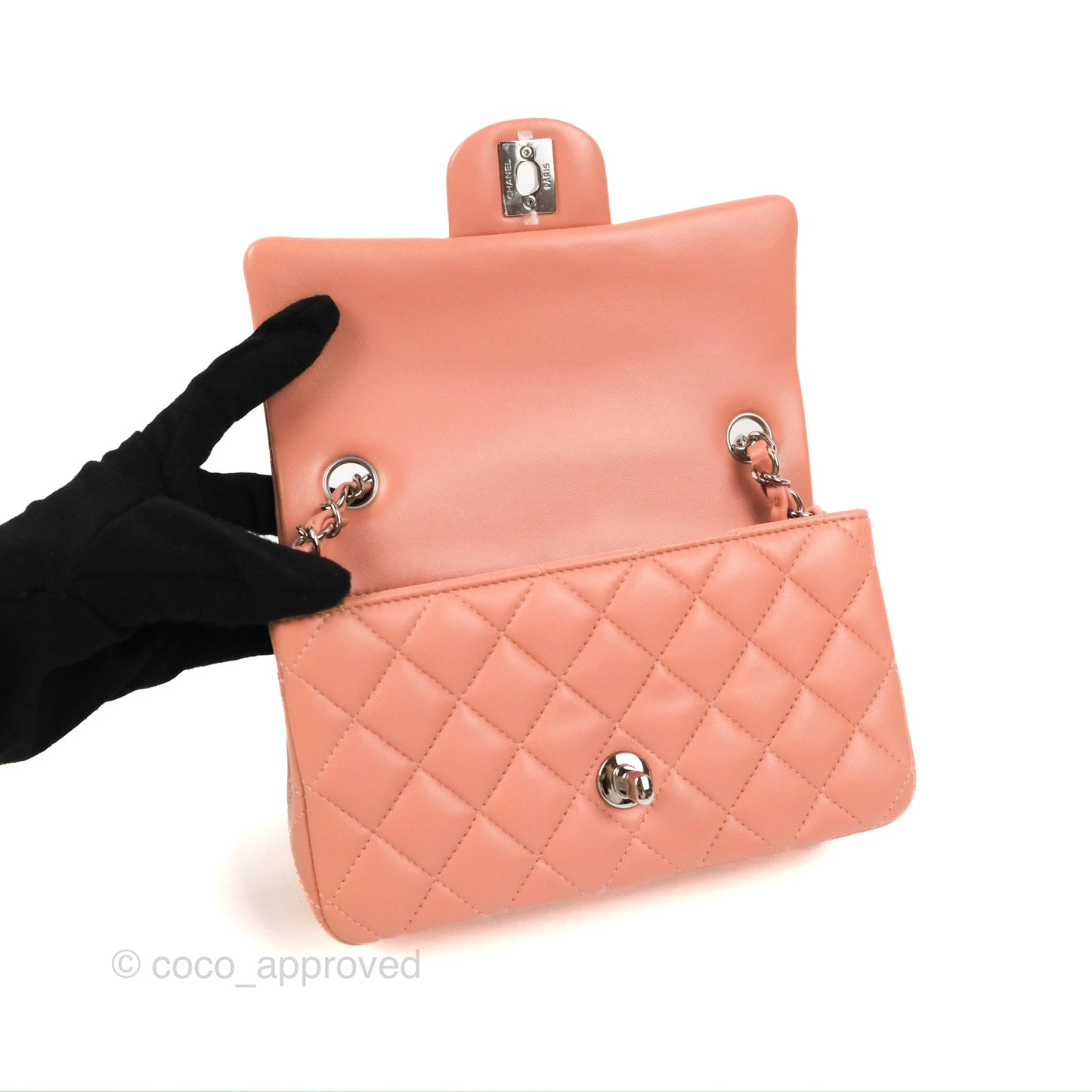 Chanel Quilted Mini Rectangular Flap Salmon Pink Lambskin Silver Hardware 21B