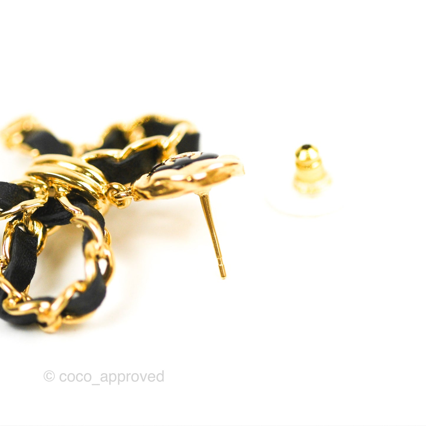 Chanel CC Chain Bow Earrings Black Lambskin Gold Tone 22A