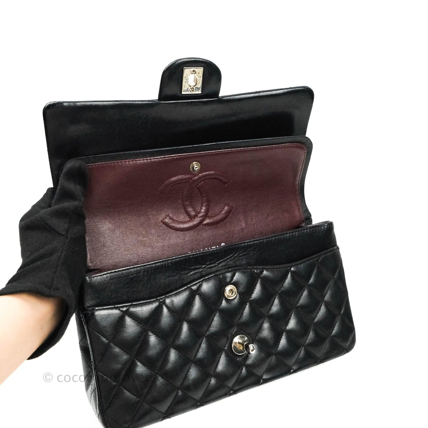 Chanel Classic M/L Medium Double Flap Bag Black Lambskin Silver Hardware