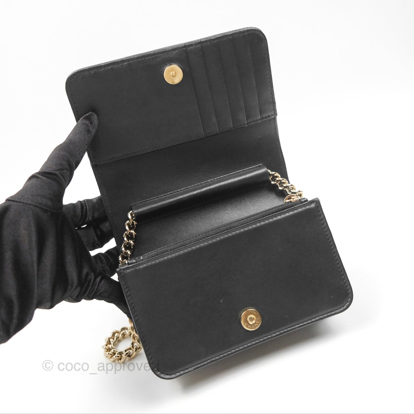 Chanel Mini Boy Quilted Wallet on Chain WOC Black Caviar Gold Hardware