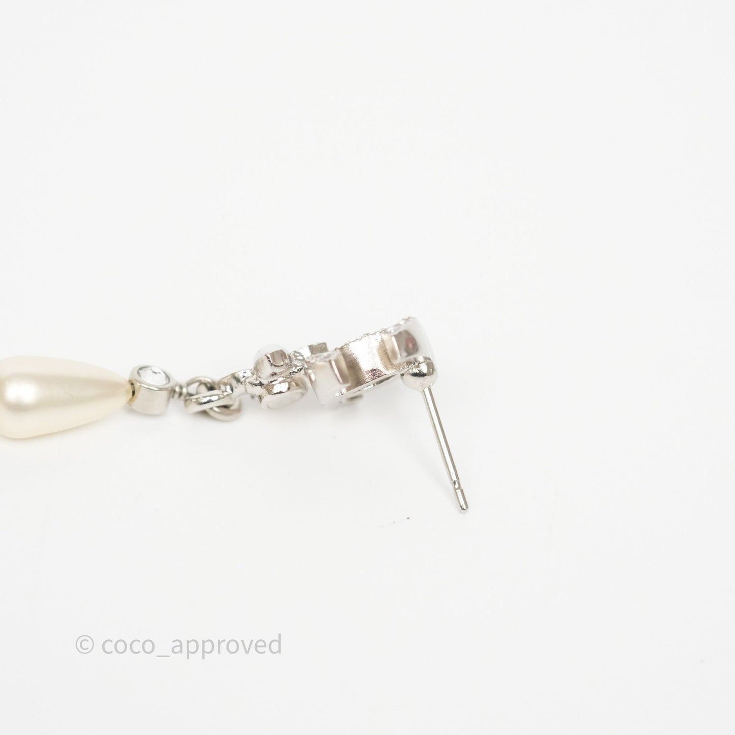 Chanel Crystals CC Tear Pearl Drop Earrings Silver Tone 22P