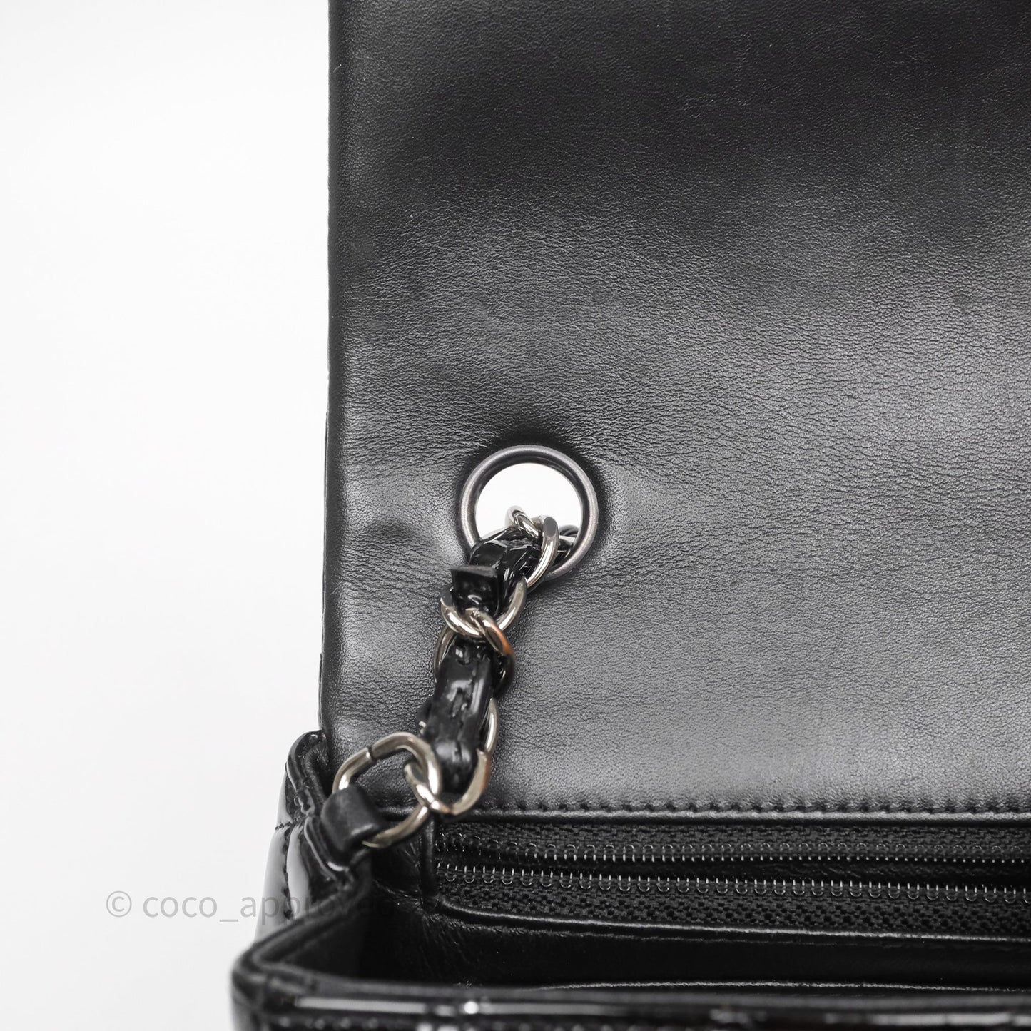 Chanel Quilted Mini Rectangular Flap Black Patent Silver Hardware