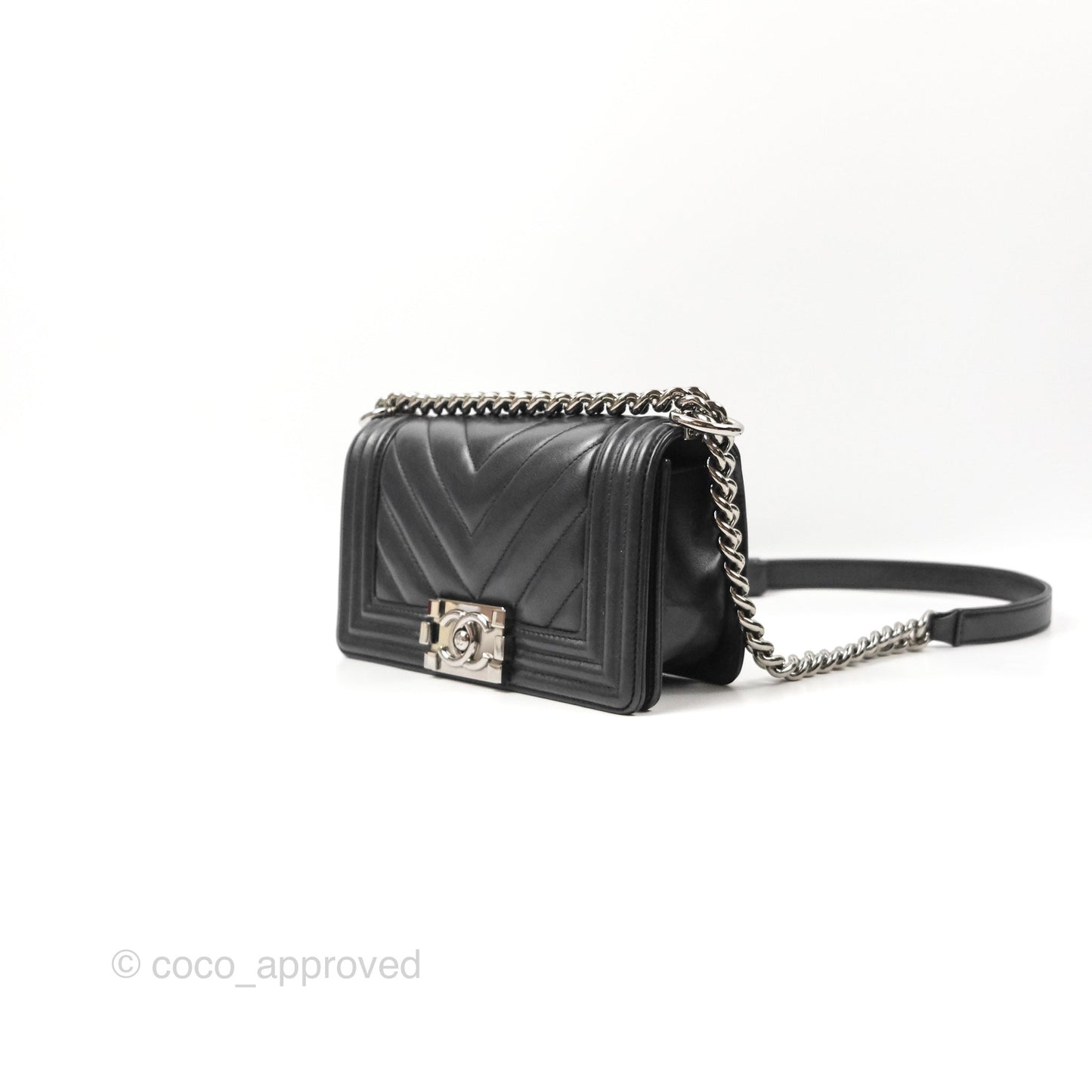 Chanel Small Chevron Boy Black Calfskin Silver Hardware