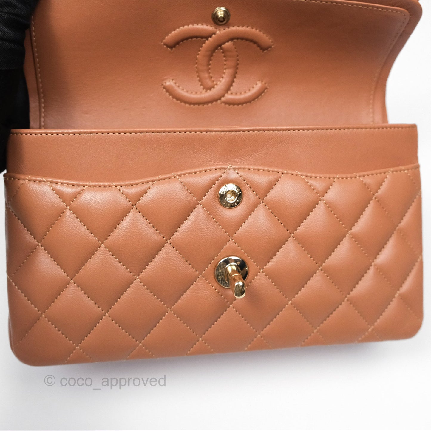 Chanel Small Classic Quilted Flap Dark Beige Caramel Lambskin Gold Hardware