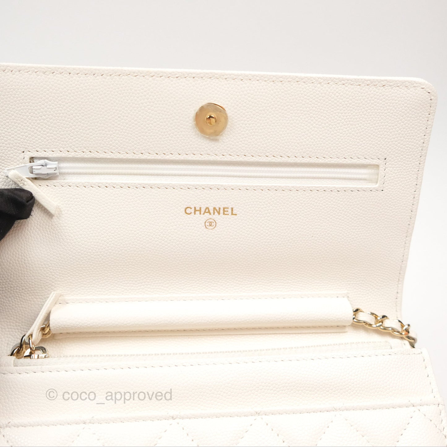 Chanel Quilted Wallet On Chain WOC With Charms White Caviar Gold Hardware