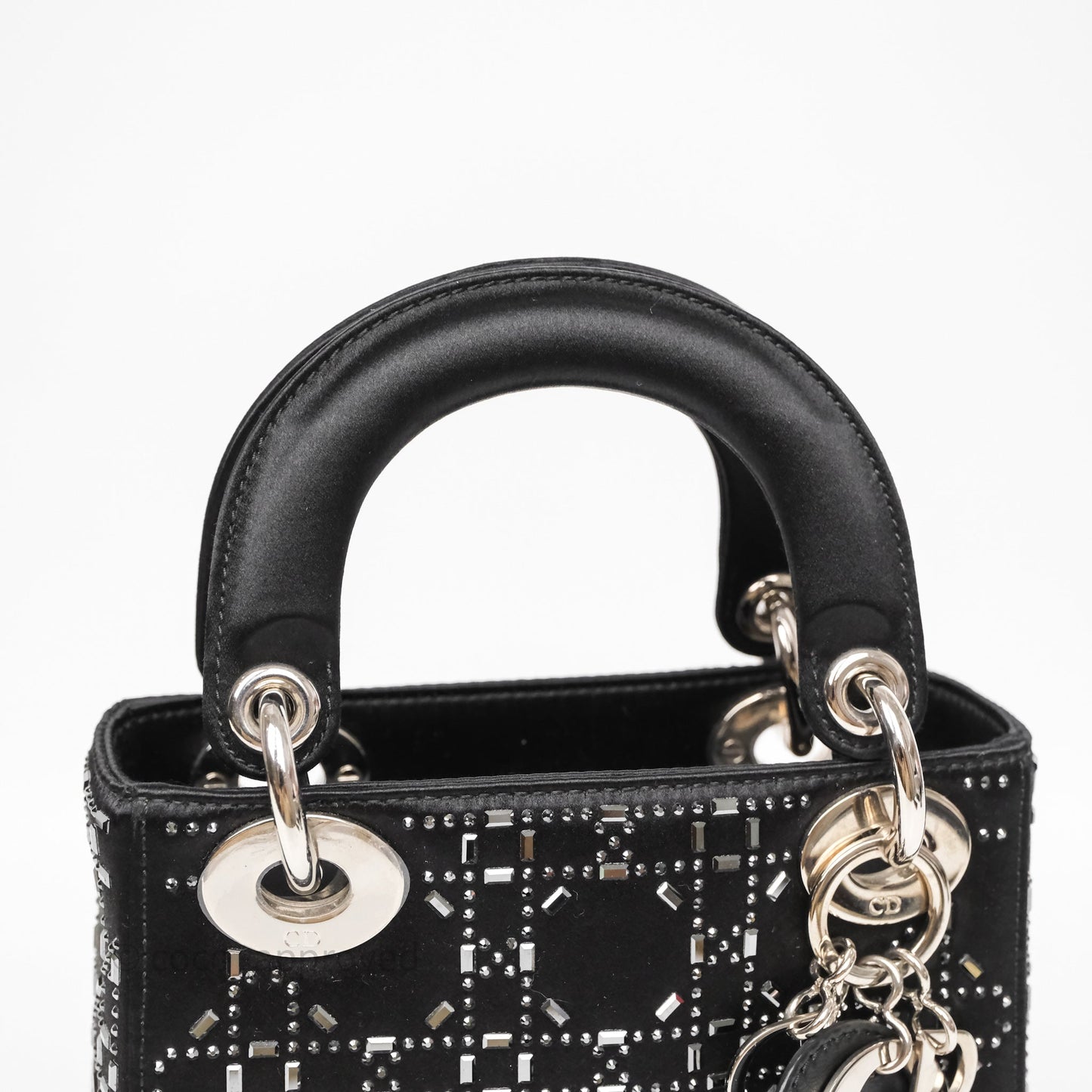 Christian Dior Mini Lady Dior Bag Black Strass Cannage Satin Silver Hardware