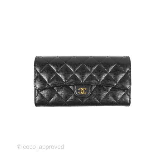 Chanel Quilted Classic Zip Long Wallet Black Caviar Gold Hardware