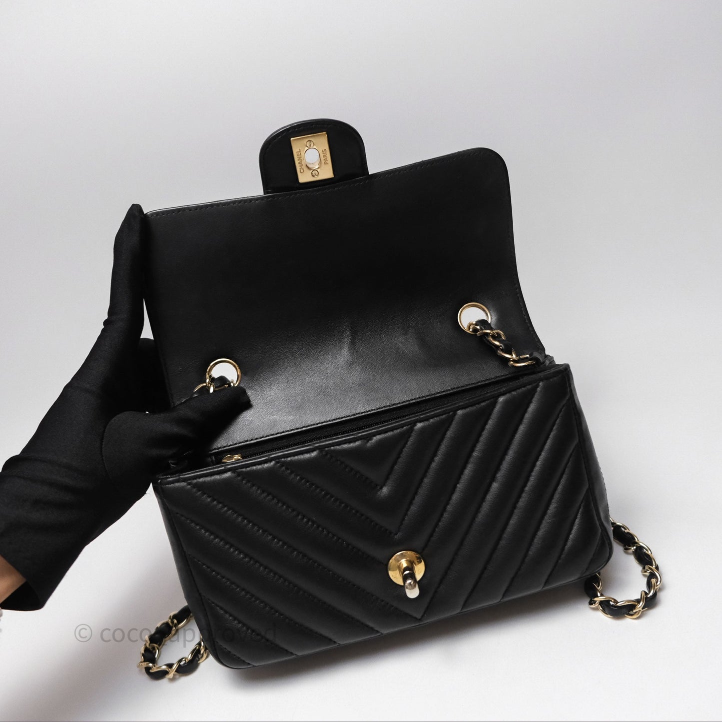 Chanel Mini Rectangular Chevron Black Lambskin Gold Hardware