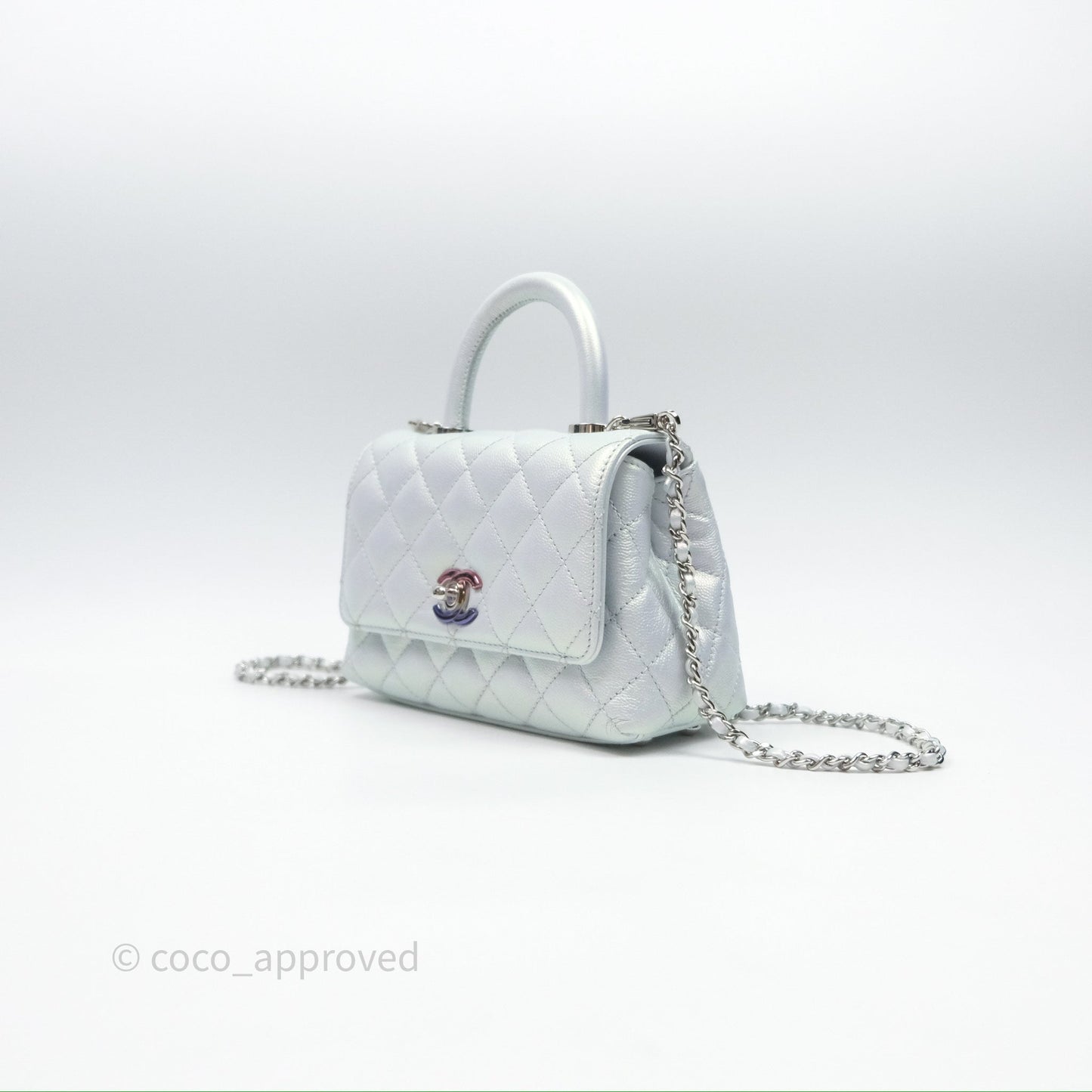 Chanel Mini Coco Handle Quilted Iridescent Light Blue Caviar Rainbow Hardware