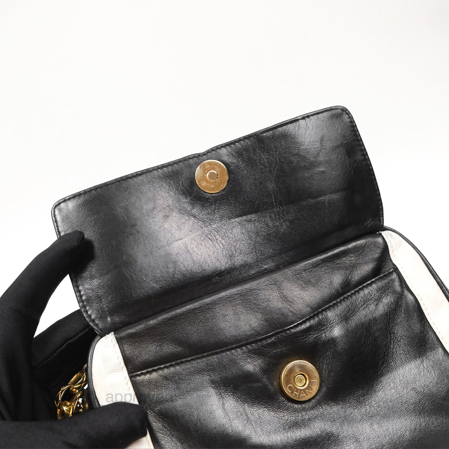 Chanel Vintage White CC Camera Bag Black Lambskin Gold Hardware