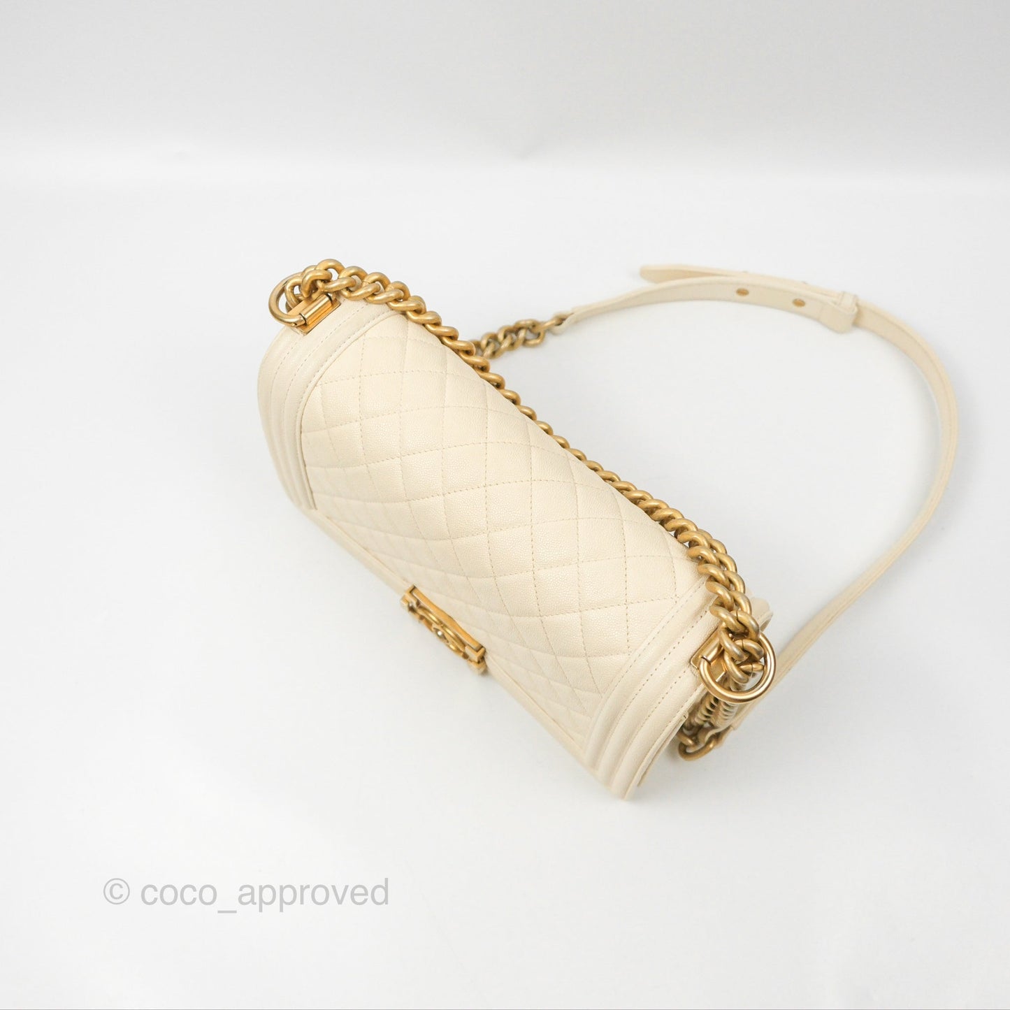 Chanel Medium Boy Quilted Ivory Caviar Aged Gold Hardware