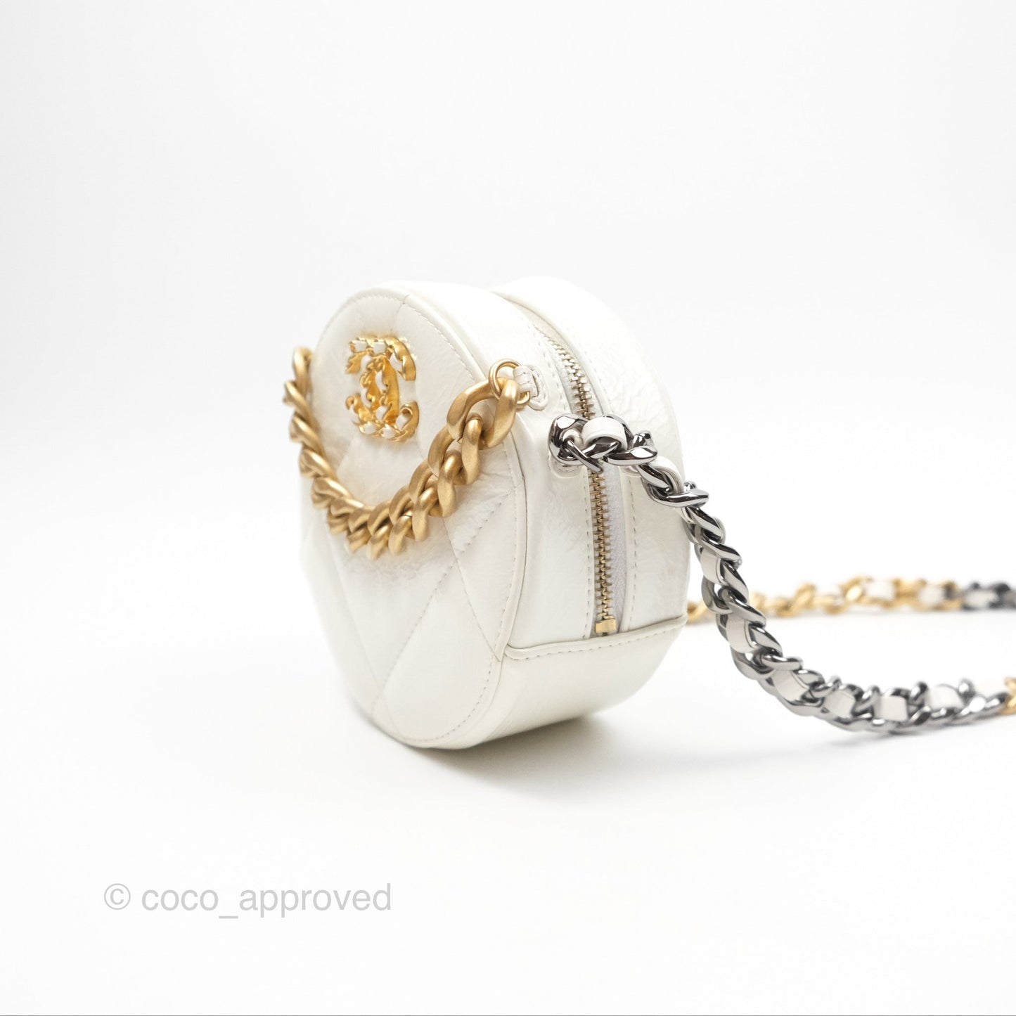 Chanel 19 Round Clutch With Chain White Glazed Calfskin Mixed Hardware