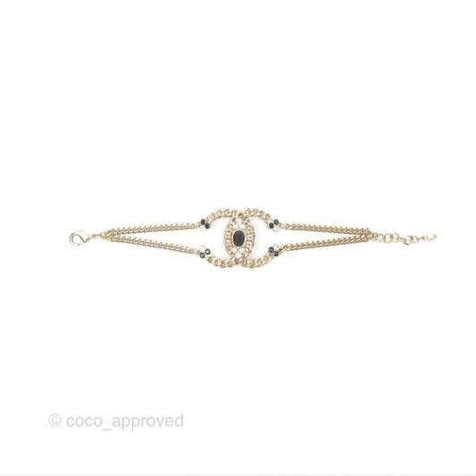 Chanel Large Chain CC Crystal Pearl Black Resin Bracelet Gold Tone 20P