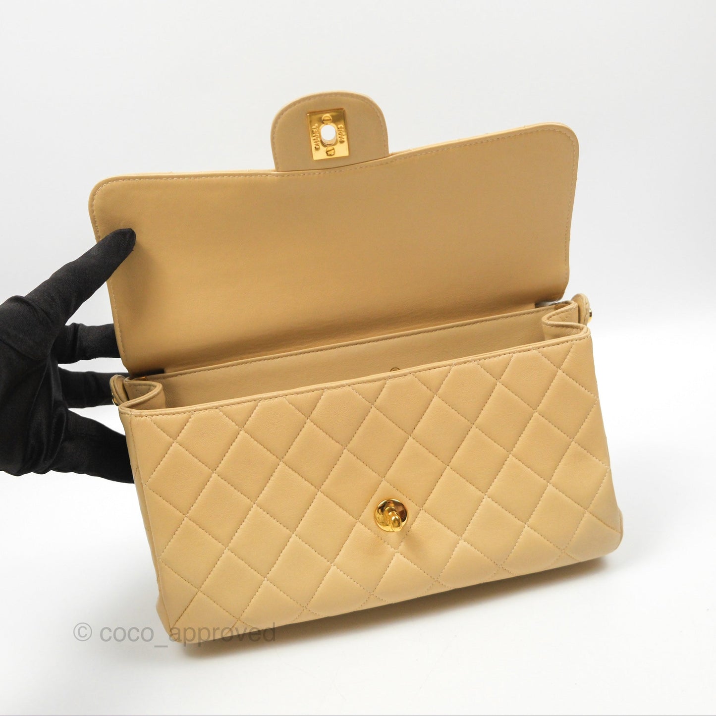 Chanel Vintage Double Sided Flap Bag Quilted Beige Lambskin Gold Hardware