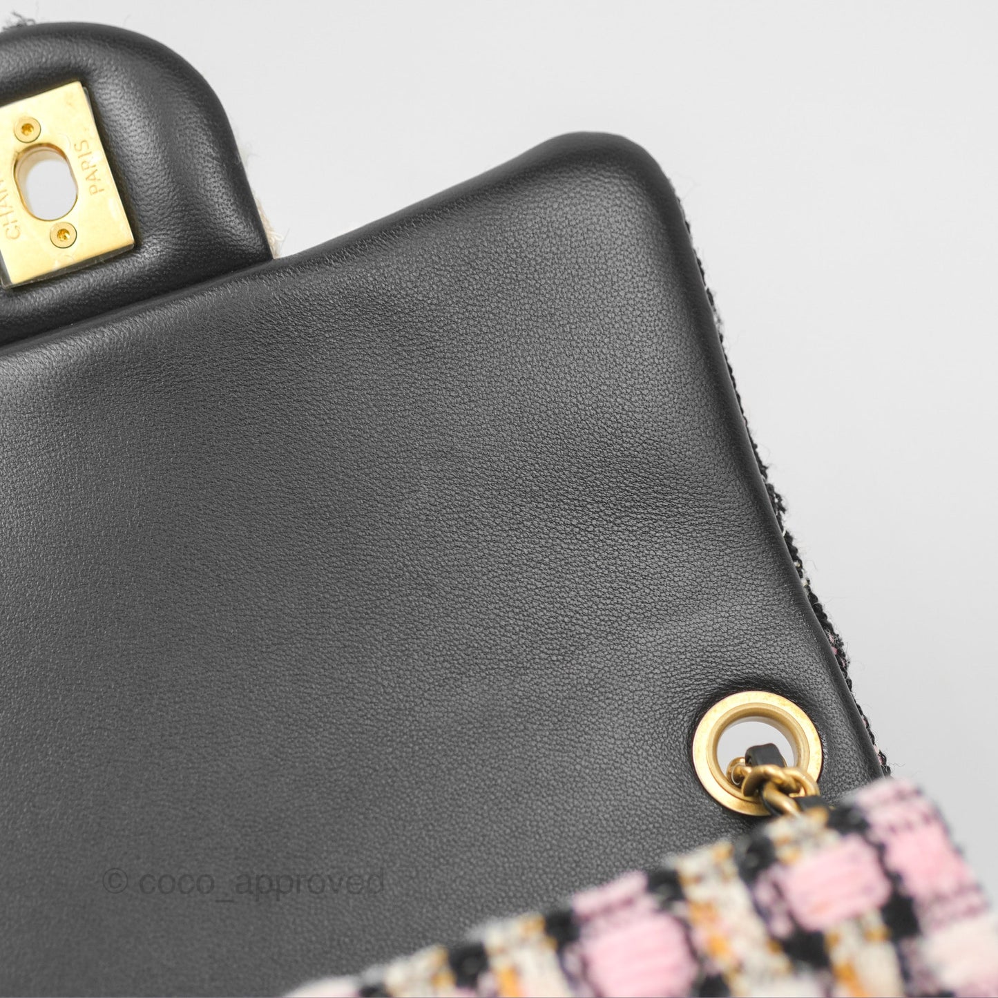 Chanel Pearl Crush Mini Square Quilted Pink Tweed Aged Gold Hardware