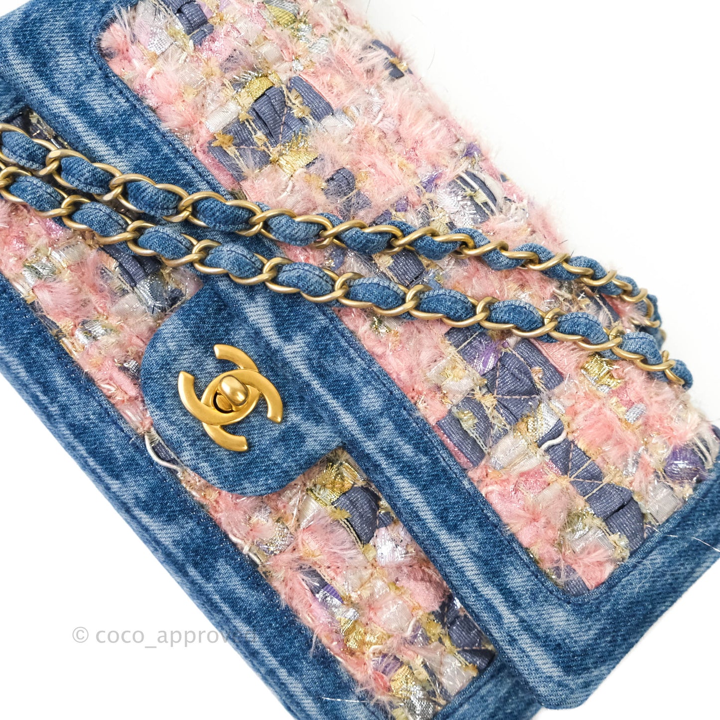 Chanel Quilted M/L Medium Double Flap Tweed Washed Denim Aged Gold Hardware