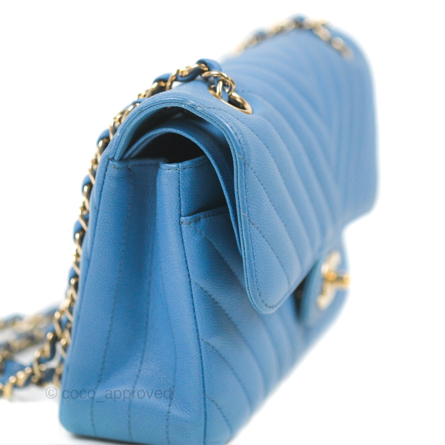 Chanel Small Classic Flap Chevron Blue Caviar Gold Hardware