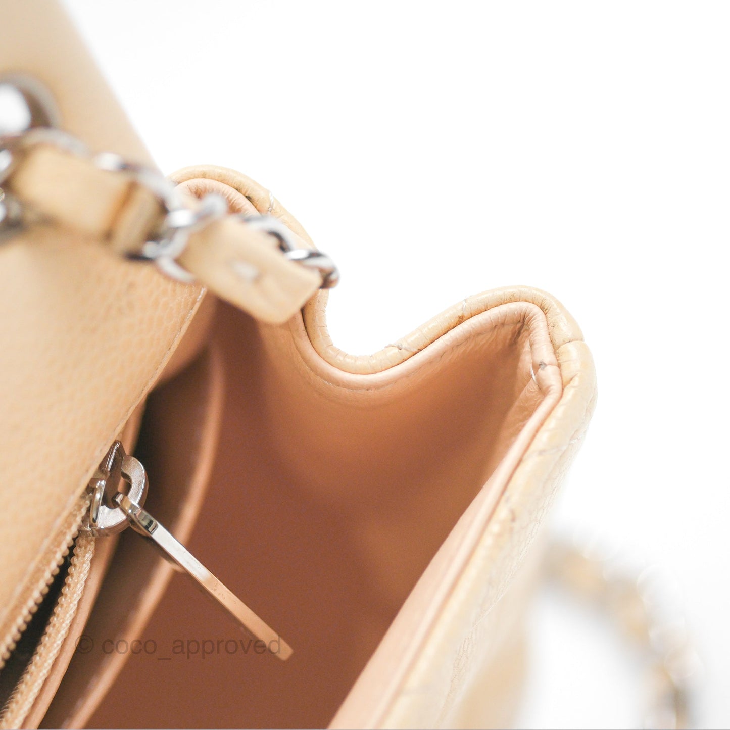 Chanel Quilted Mini Square Flap Light Beige Caviar Silver Hardware
