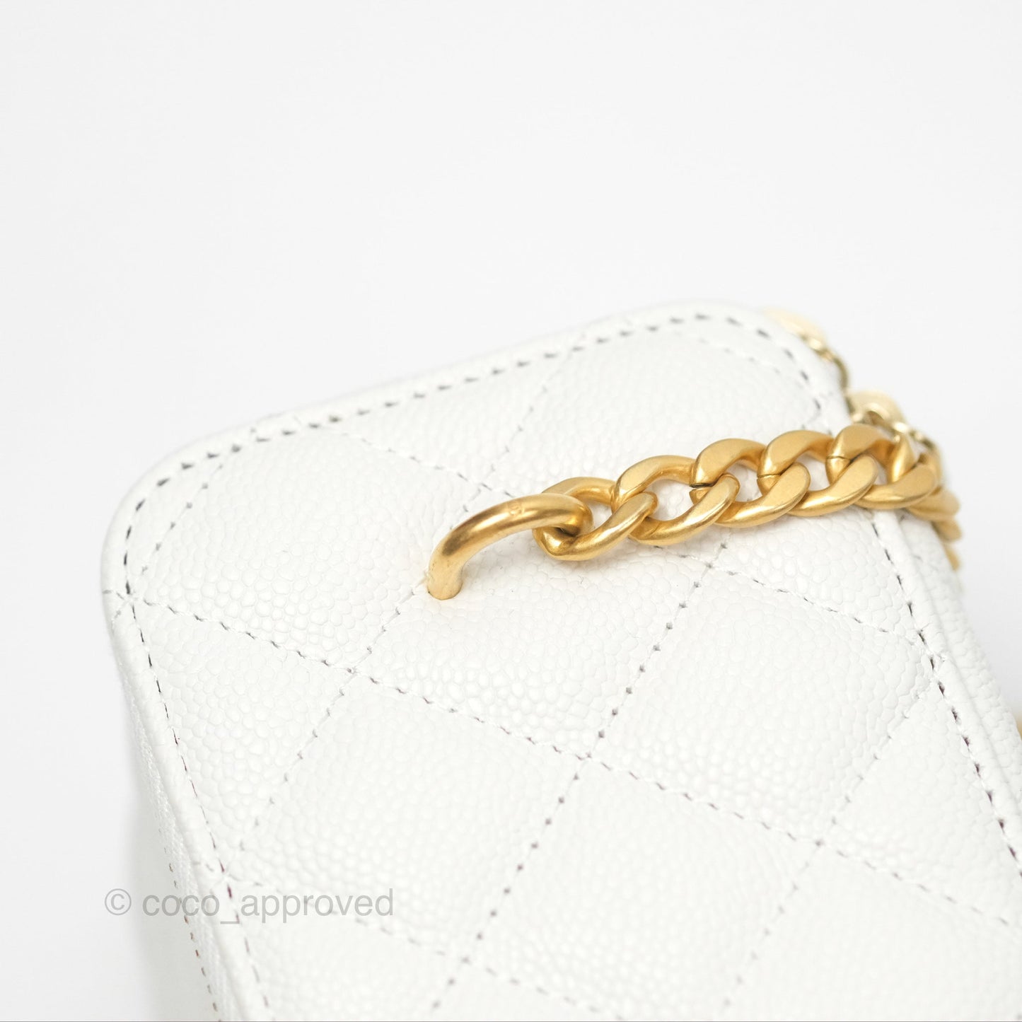 Chanel Vanity with Heart Adjustable Chain White Caviar Aged Gold Hardware