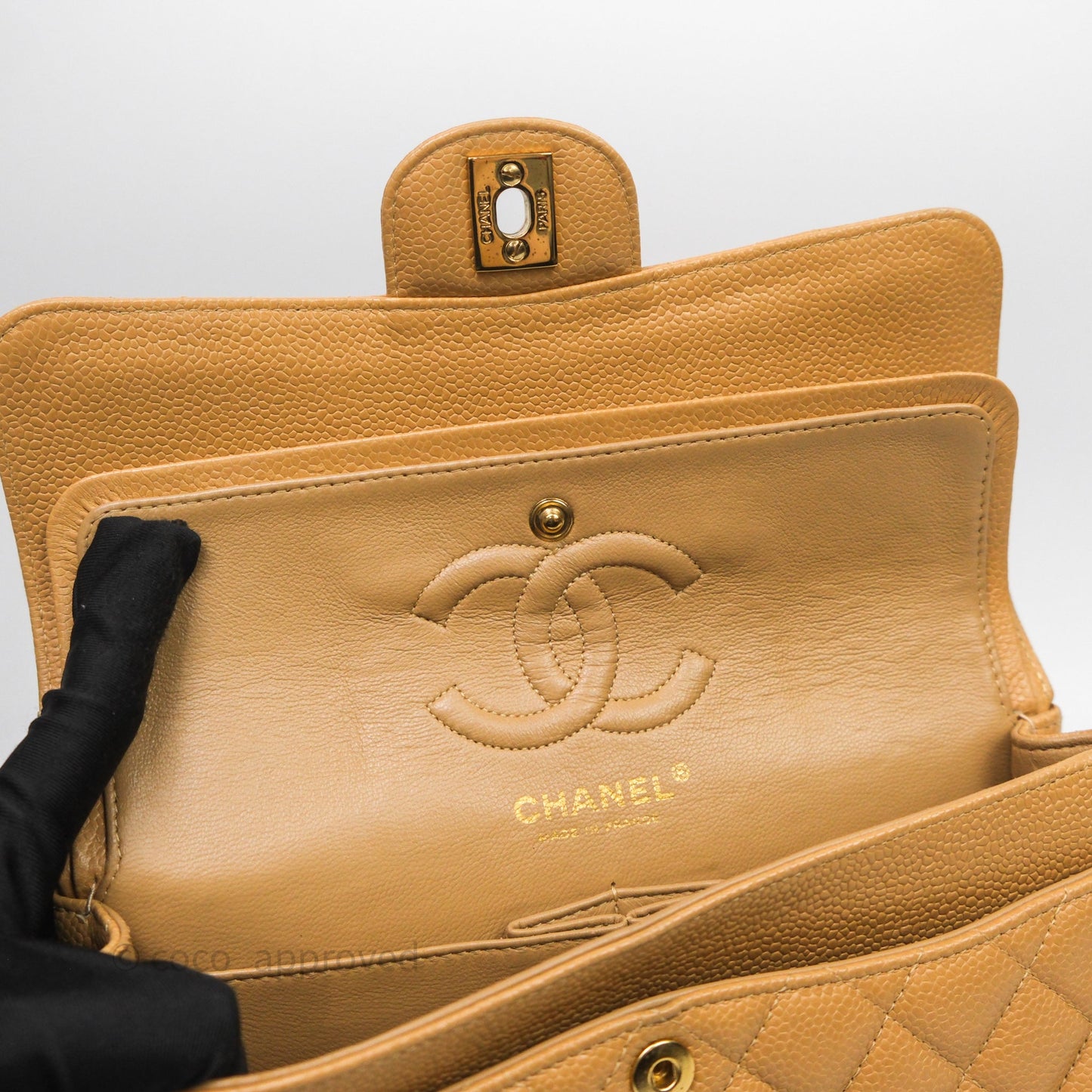 Chanel Vintage Small Classic Flap Beige Claire Caviar 24K Gold Hardware
