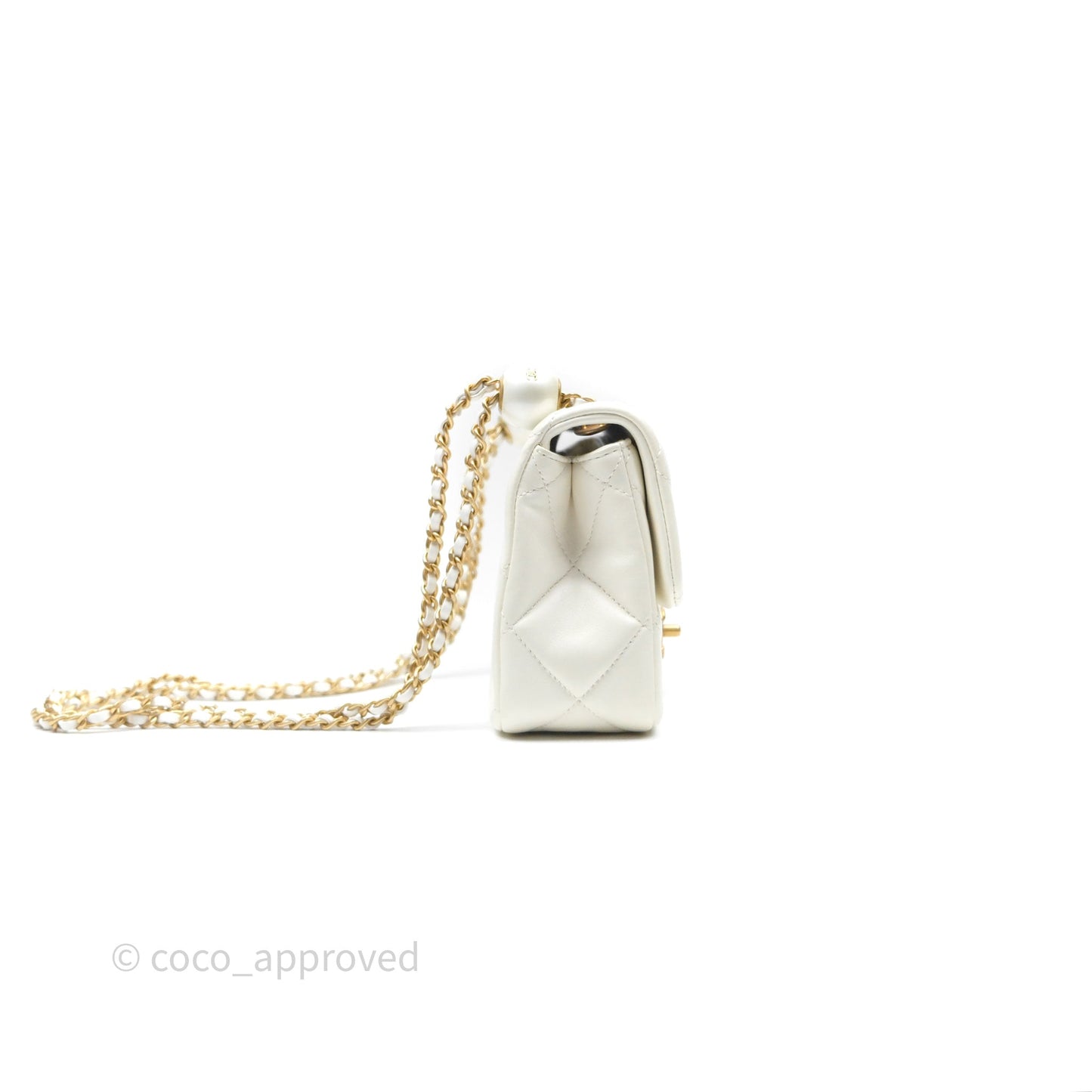 Chanel Quilted Double Pearl Adjustable Chain Flap Bag White Lambskin Aged Gold Hardware 24S
