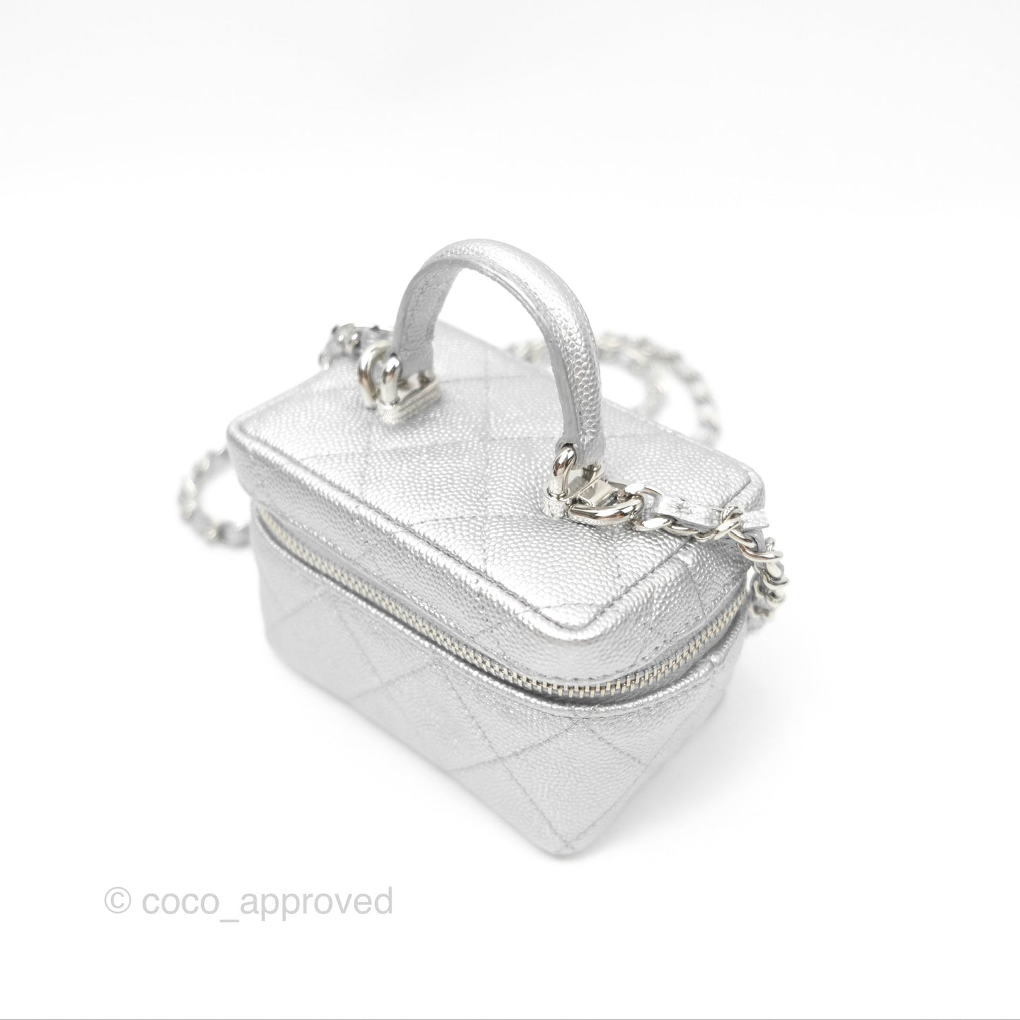 Chanel Quilted Mini Top Handle Vanity With Chain Metallic Silver Caviar Silver Hardware