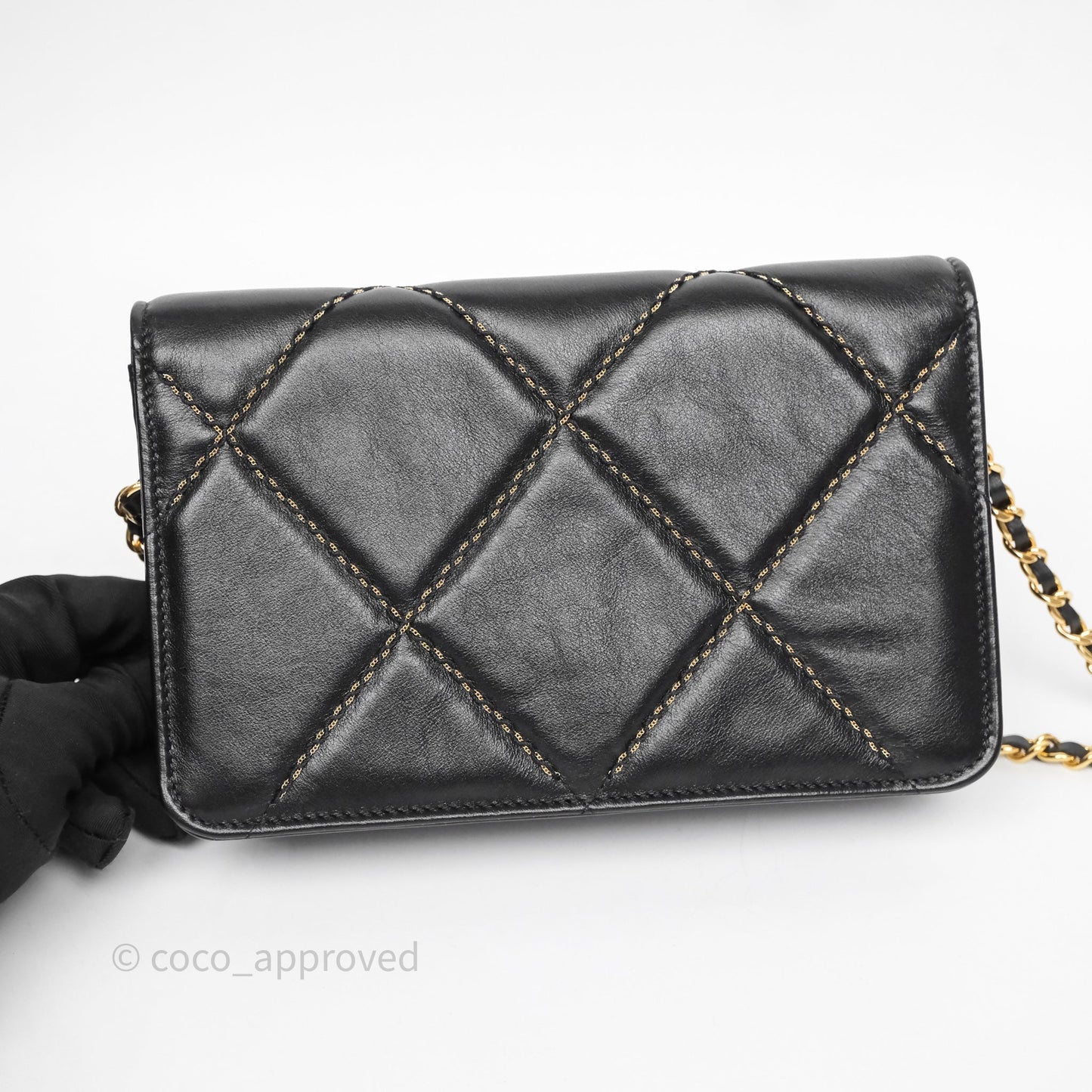 Chanel Quilted Wallet on Chain WOC Stitching Black Calfskin Gold Hardware