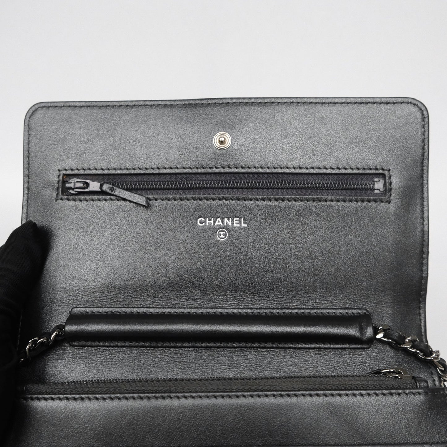 Chanel Tassel Charm Wallet On Chain WOC Iridescent Dark Silver Aged Calfskin