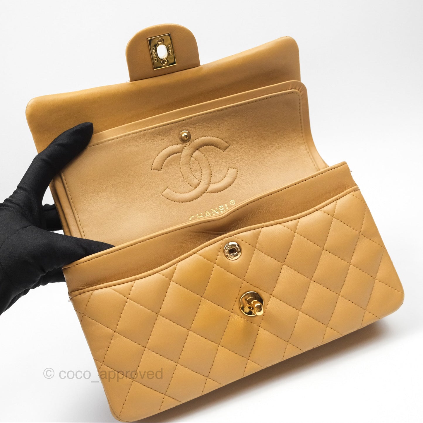 Chanel Vintage Small Classic Flap Beige Lambskin 24K Gold Hardware