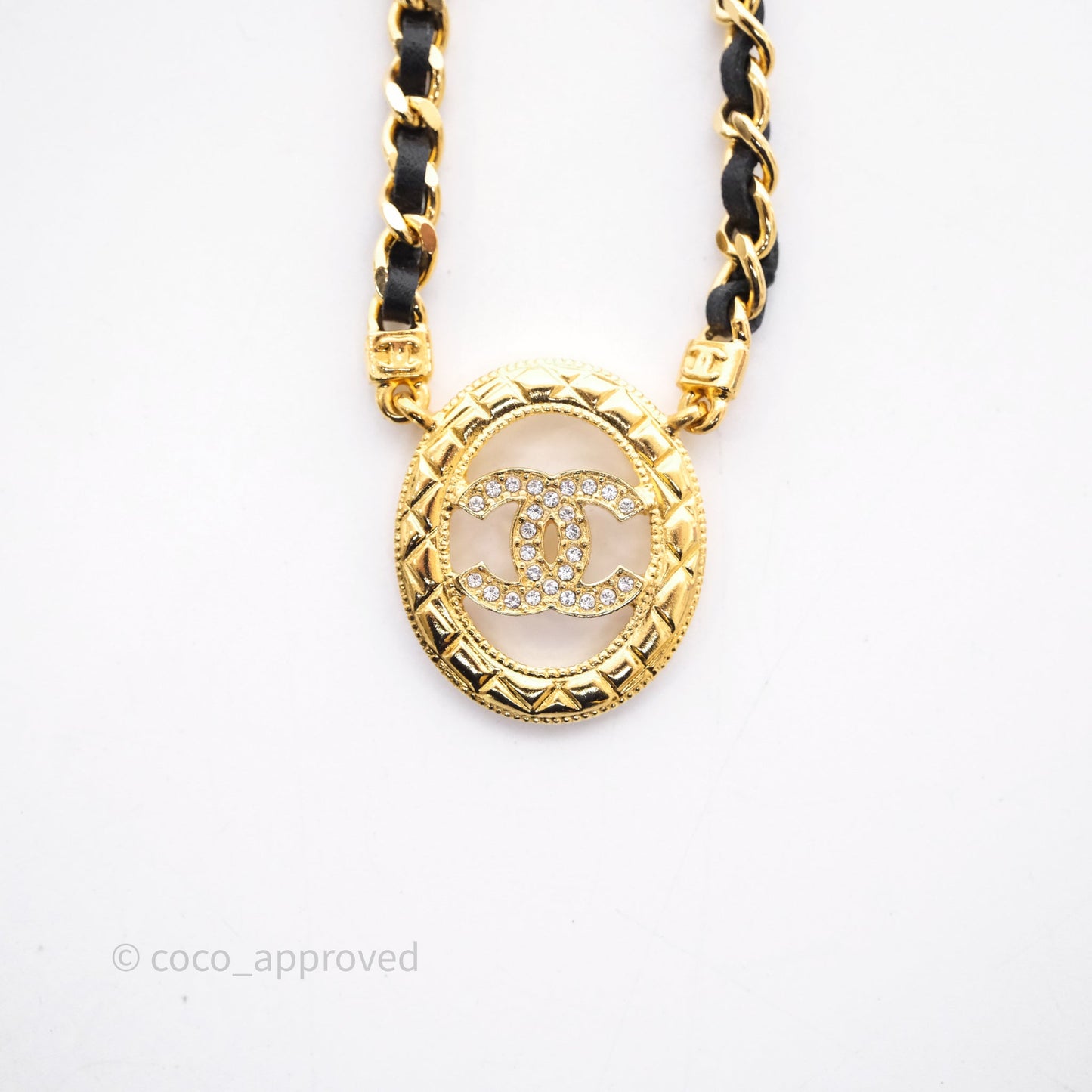 Chanel Oval Crystal CC Leather Chain Necklace Gold Tone 24A