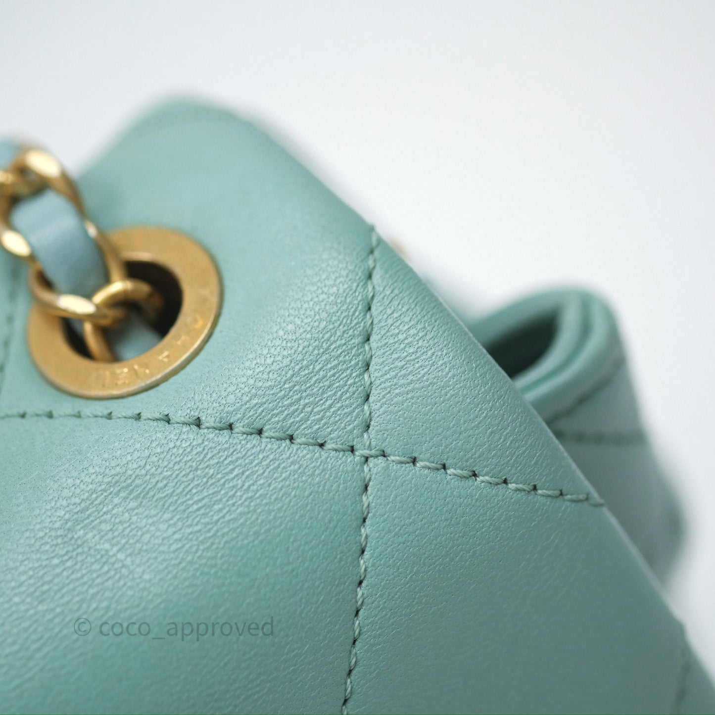 Chanel Quilted Small Circular Handle Bag Mint Green Aged Gold Hardware
