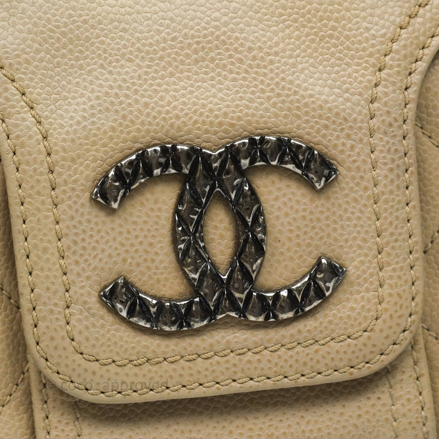 Chanel Quilted Coco Rider Hobo Bag Beige Caviar Ruthenium Hardware