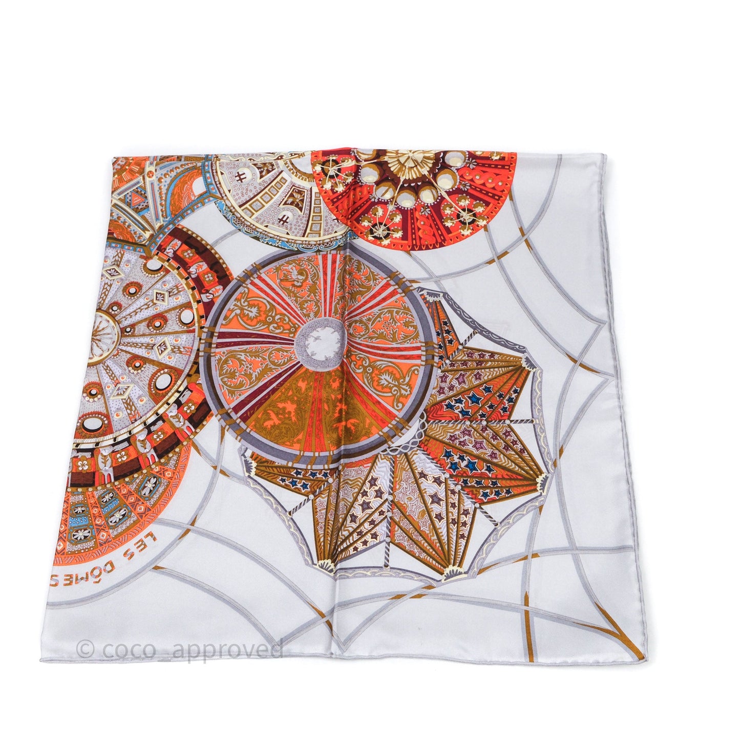 Hermes Les Domes Celestes Scarf 90 Gris Perles Orange Brun Silk Scarf