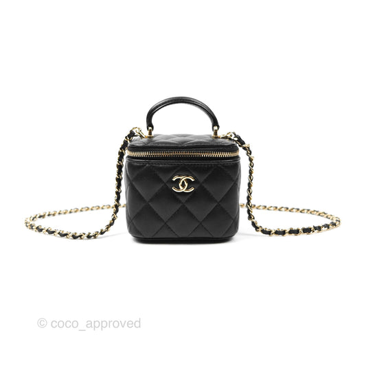 Chanel Mini Top Handle Vanity With Chain Black Lambskin Gold Hardware