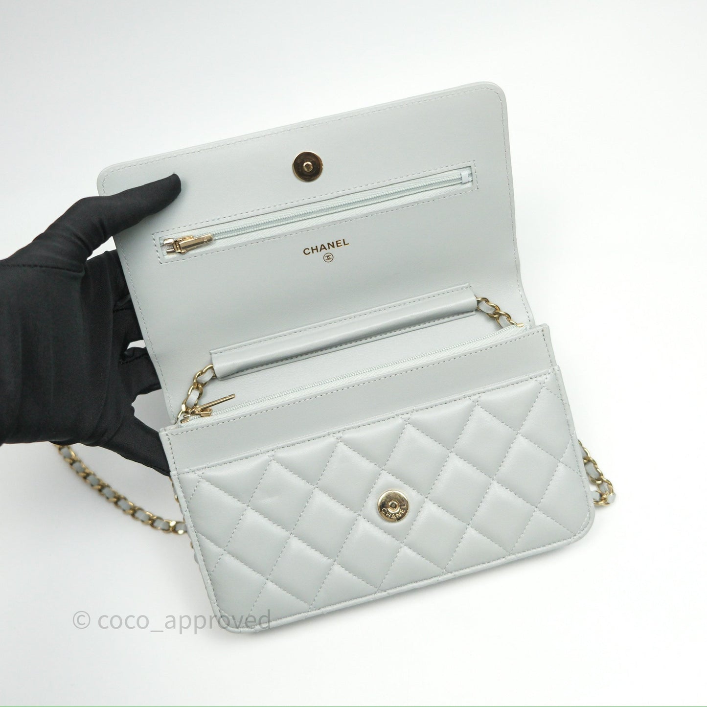 Chanel Classic Quilted Wallet on Chain WOC Grey Lambskin Gold Hardware