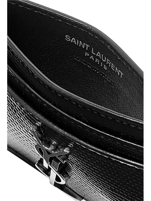 Luxury Saint Laurent Monogram Lizard Effect Glossy Leather Card Holder Black Silver