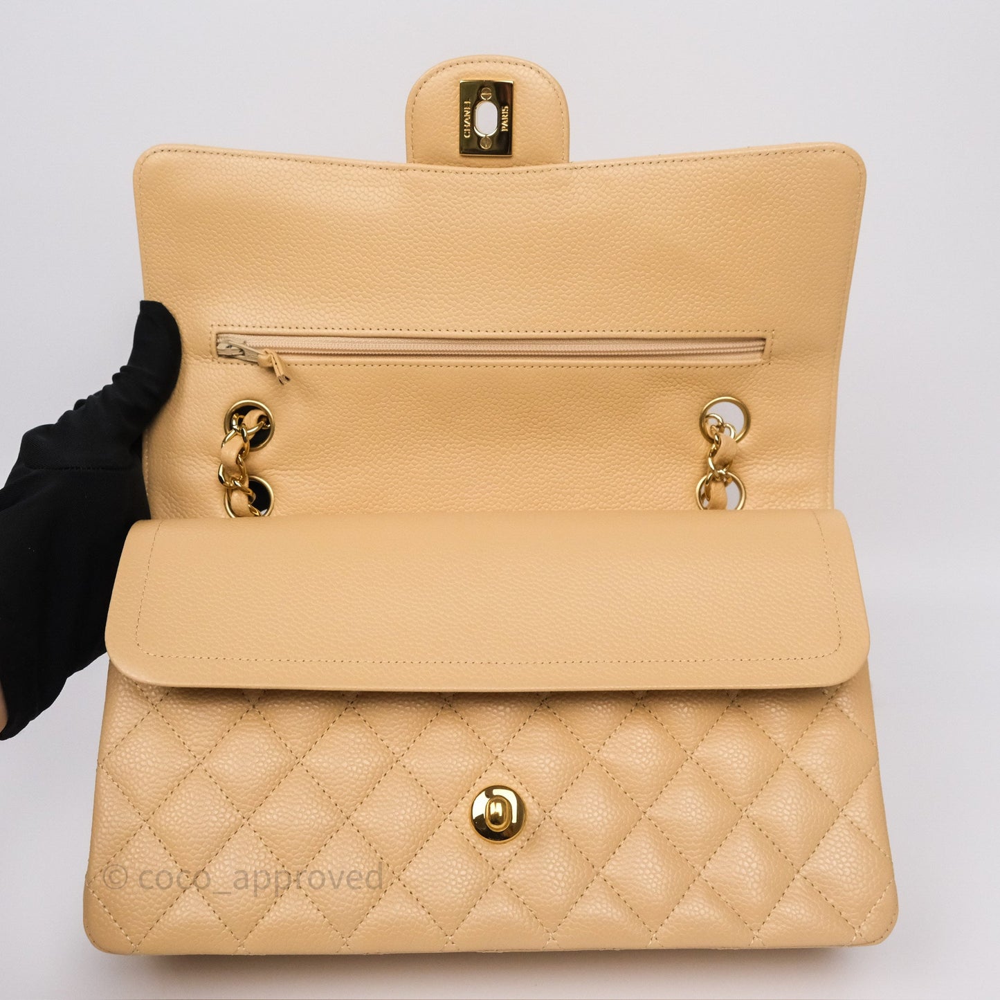 Chanel M/L Medium Classic Flap Quilted Beige Caviar Gold Hardware