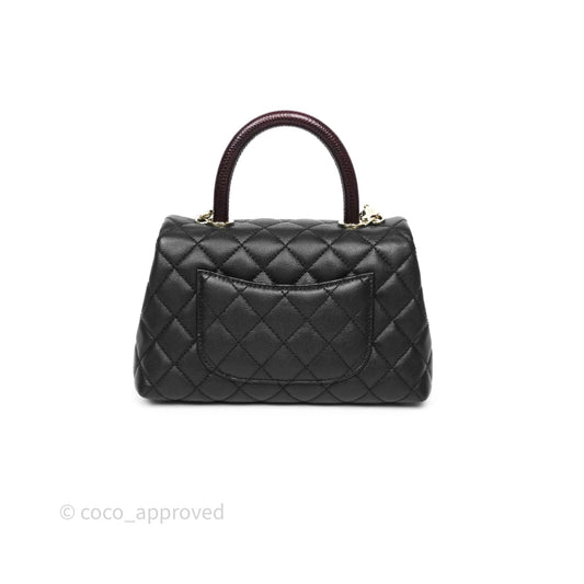 Chanel Small Coco Handle Quilted Black Caviar Gold Hardware Lizard Handle
